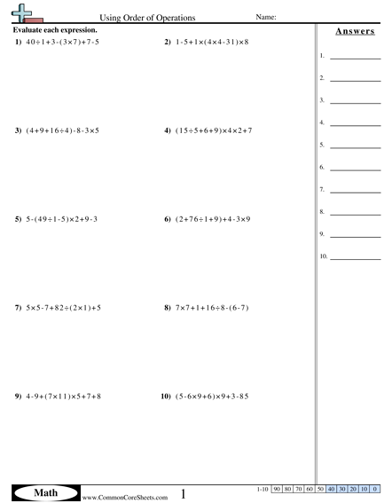 Order of Operations Worksheets - Solving using Order of Operations worksheet